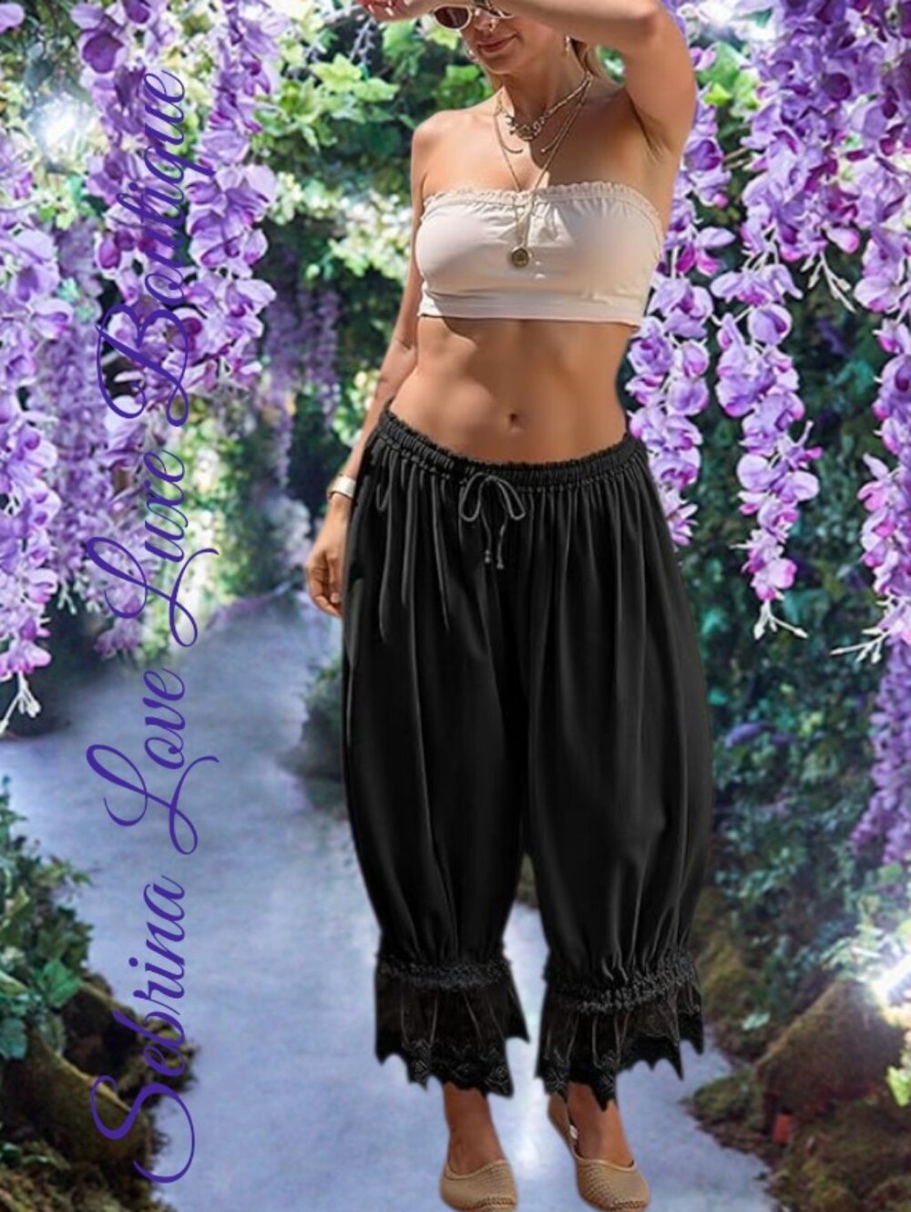 Romantic Victorian Inspired Black Lace-Hem Boho Bloomer Pantaloon Harem Pants